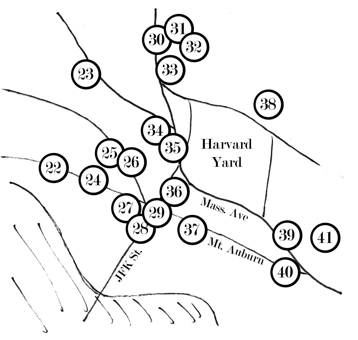 A map of former countercultural spaces around Harvard Yard, including an early yoga group (34), Clivus-Multrum USA (27), and a cooperative press called Alice James Books (24).