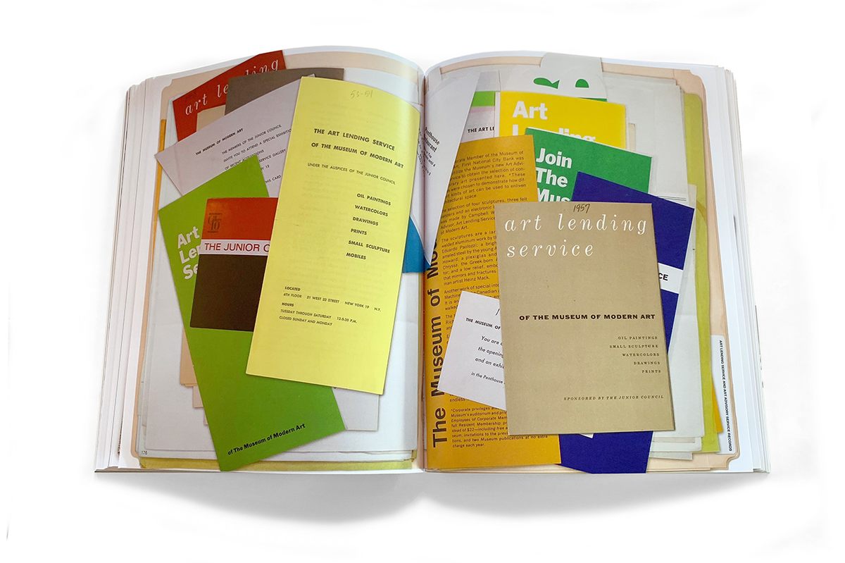 Ephemera in <em>Modern Artifacts</em> about the museum's Art Lending Service, which allowed individuals to rent pieces consigned by galleries.