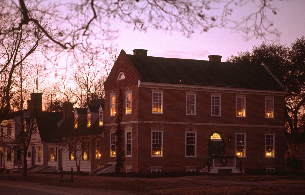 Colonial Williamsburg at dusk.