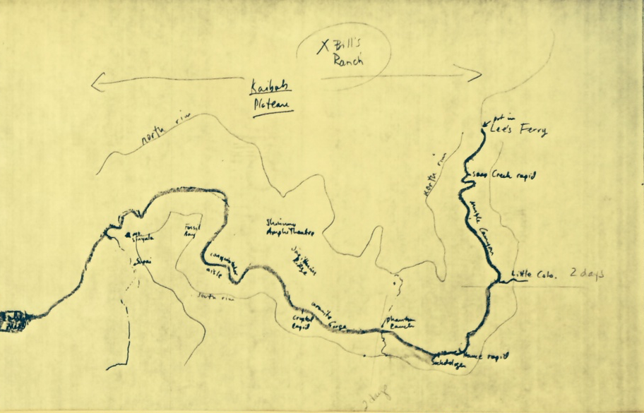 When writing <em>Grand Canyon Odyssey</em>, Leibold drew a map of the canyon and river, to keep track of his protagonist's progress down the canyon. The map of the various storylines is below.