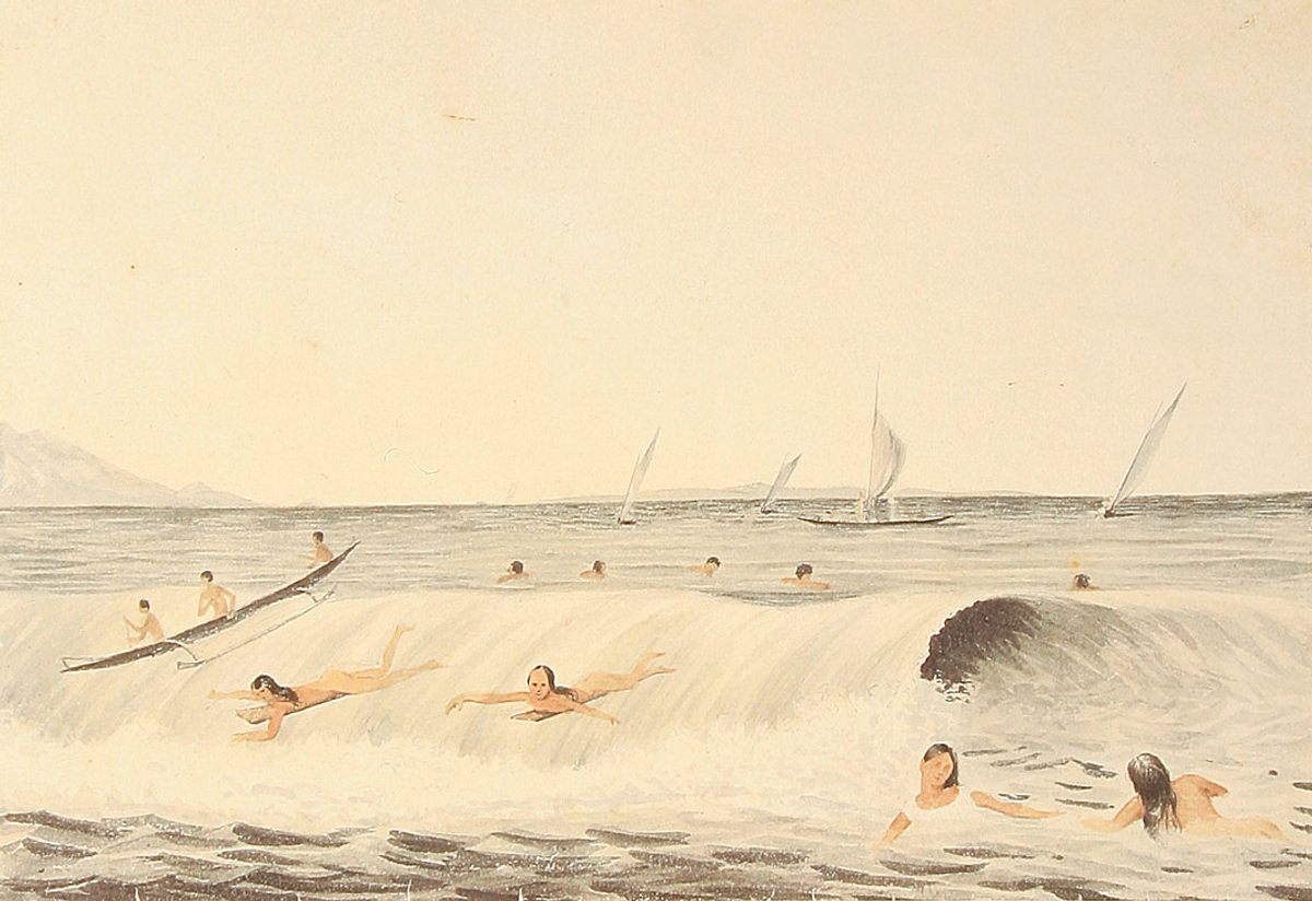An 1855 watercolor by James Gay Sawkins depicts women wave riders on Maui; surfing is a centuries-old tradition on many Pacific Islands, including Hawai‘i.