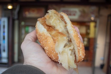 Simit-pogacha, the Macedonian bread sandwich.