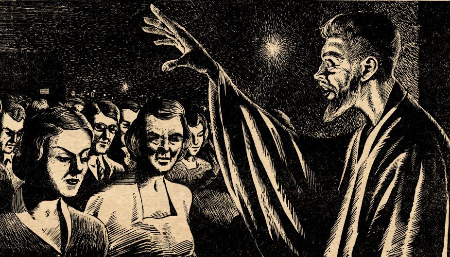 A woodcut depiction of Brother XII preaching. 