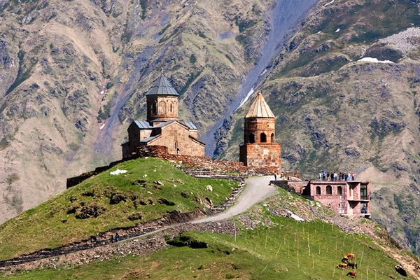 Gergeti Trinity Church against the Caucasus backdrop