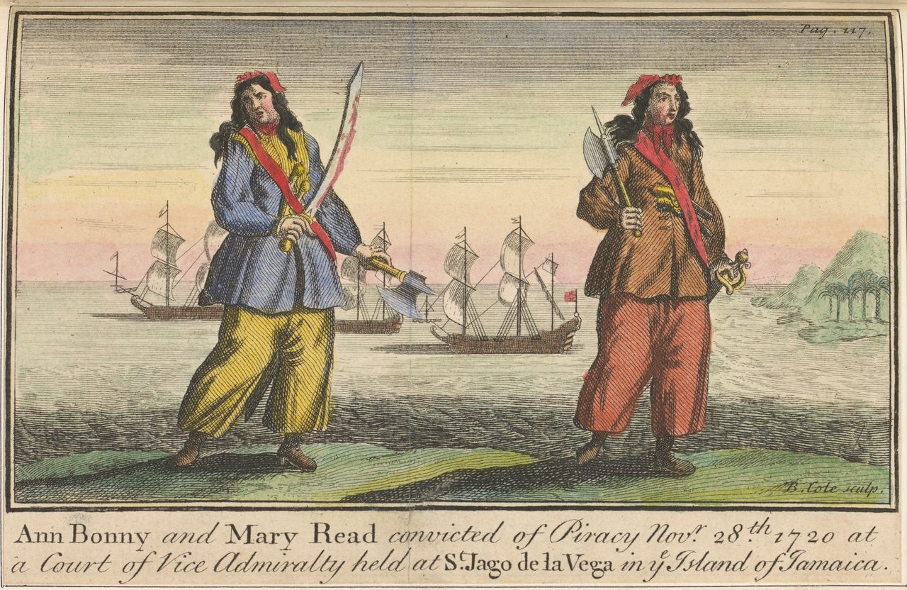 In the 18th century, Anne Bonny and Mary Read were the two most feared pirate queens of the Caribbean. Here they're shown brandishing their cutlasses in an illustration from the 1724 book <em>A General History of the Pyrates</em>. 