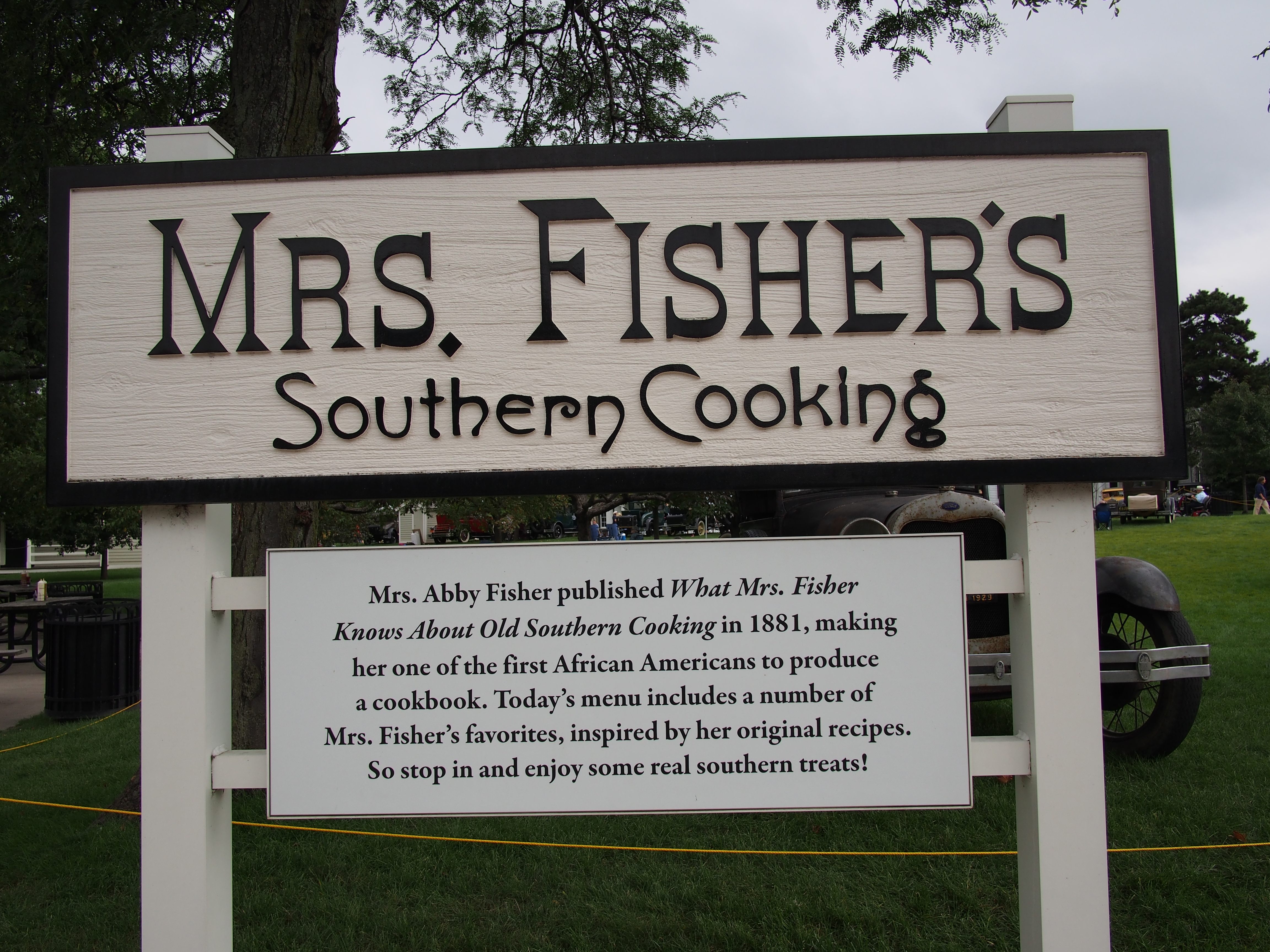 A sign for Mrs. Fisher's at the Henry Ford