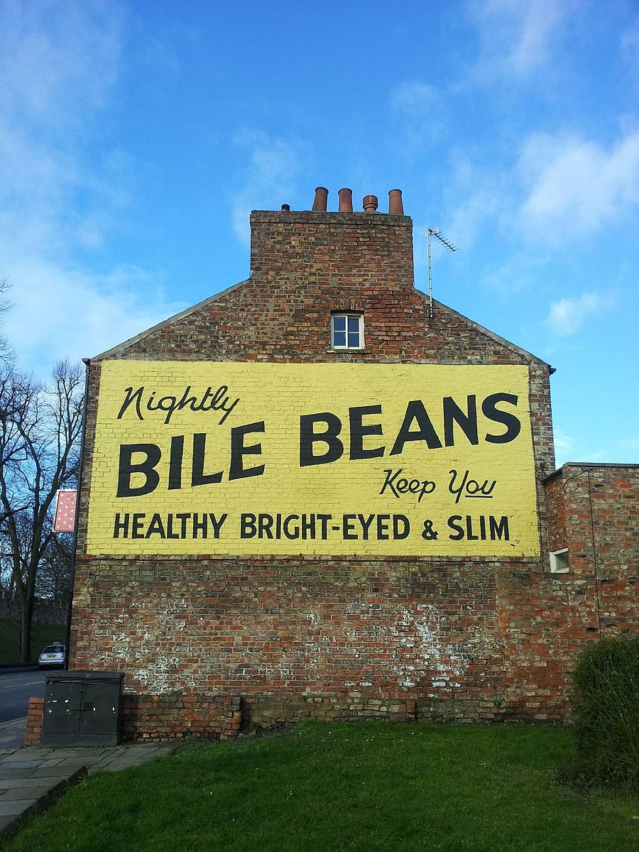 A continually renewed sign for Bile Beans in York, England.