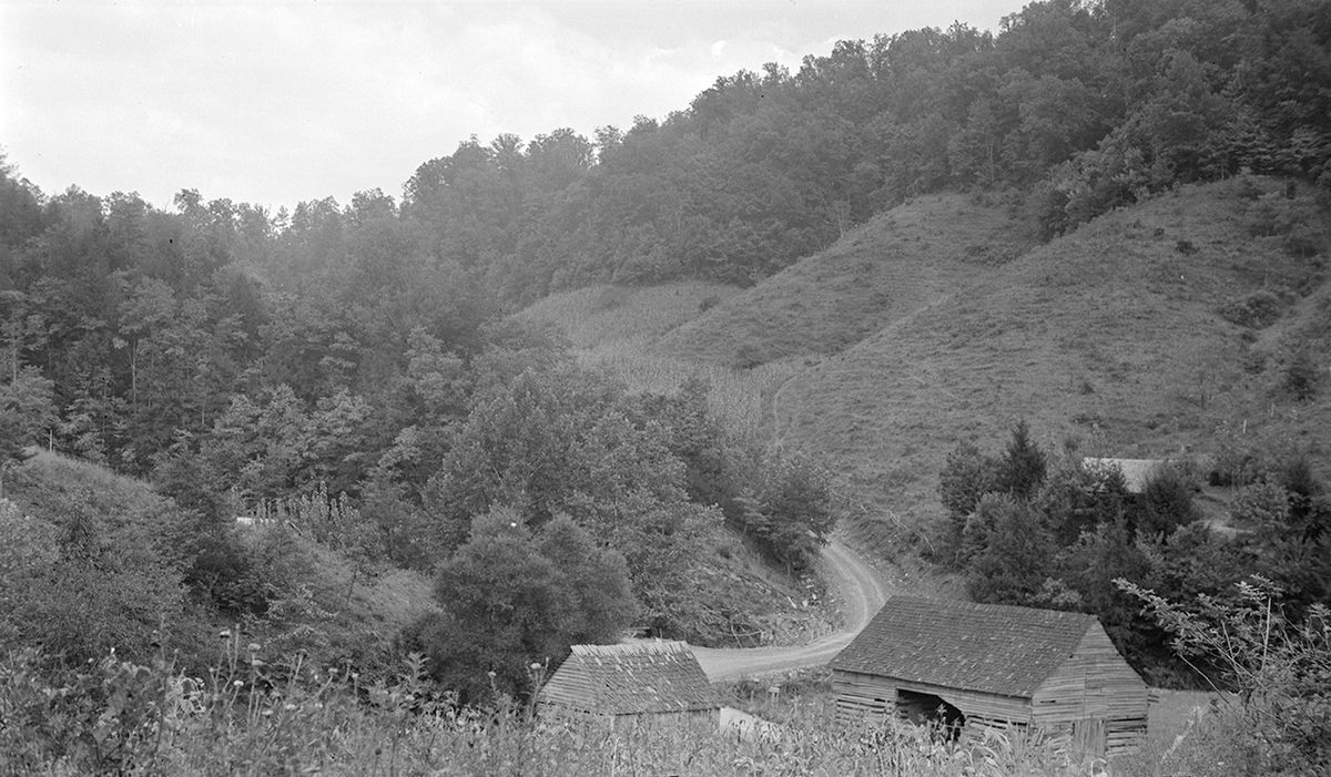 A 1941 photo shows the cultivation of hillsides at a mountain farm in Great Smoky Mountains National Park, Sevier County, Tennessee.
