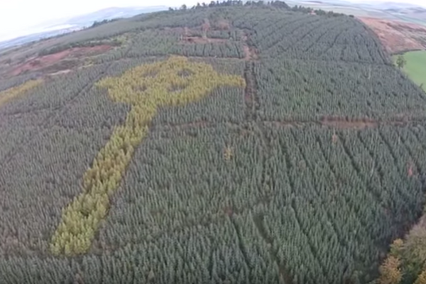 Screenshot of drone footage of Celtic Cross in Donegal Forest.