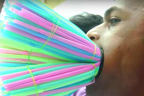 Manoj Kumar Maharana breaks the world record for number of straws held in a person's mouth.