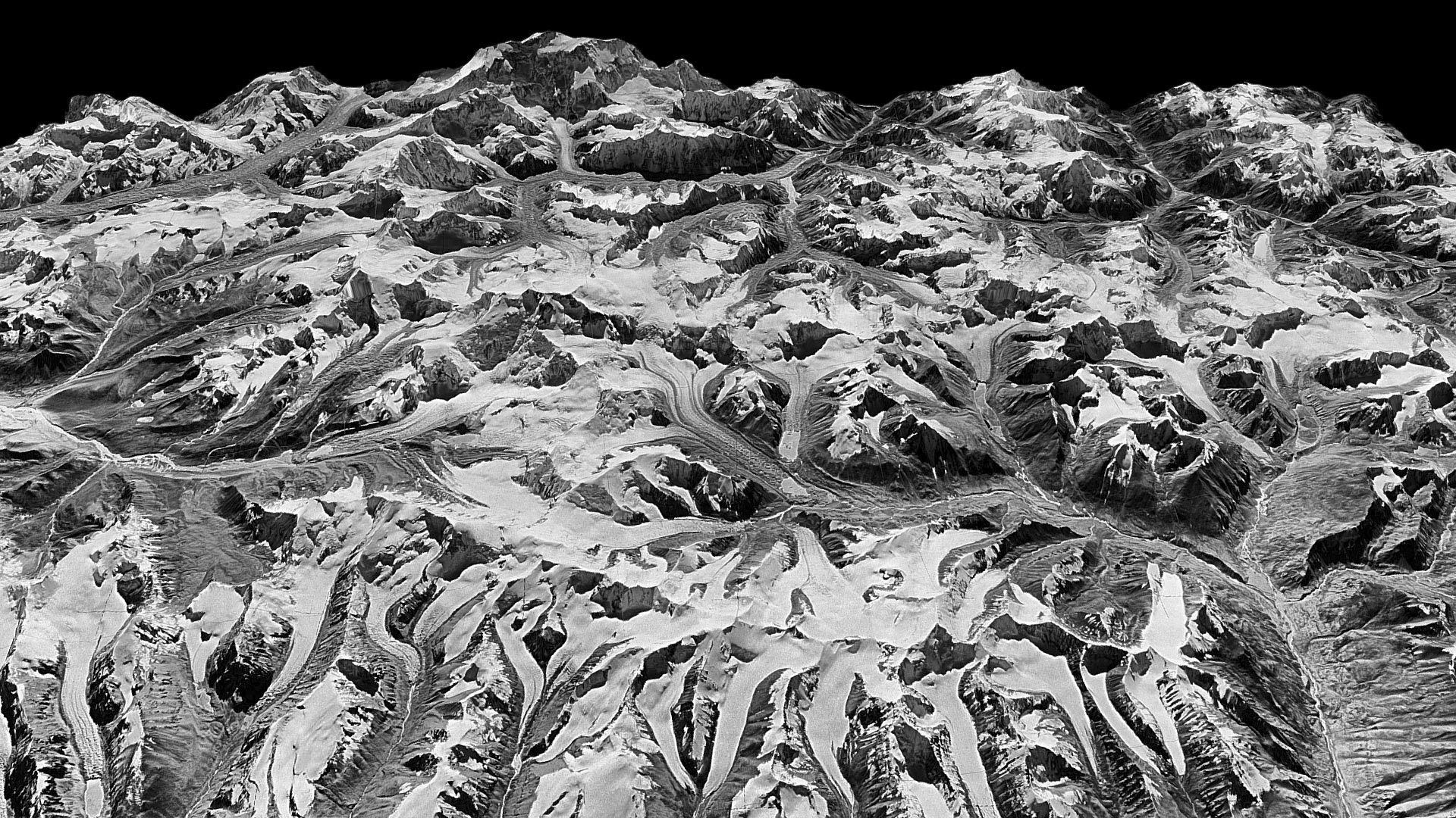 Oblique view of Himalayan landscape captured by a KH-9 HEXAGON satellite on December 20, 1975, on the border between eastern Nepal and Sikkim, India.
