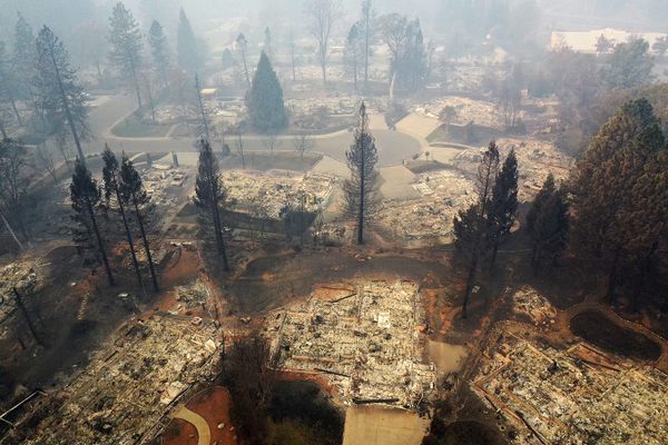An aerial view of a neighborhood destroyed by the Camp Fire on November 15, 2018 in Paradise, California.