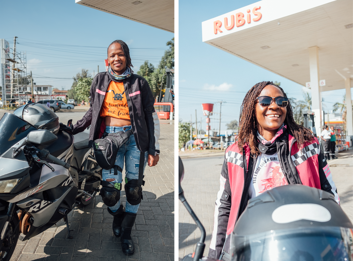 Shinga (left) and Omwenga (right) at a gas station in Central Nairobi's Hurlingham neighborhood, before a ride.