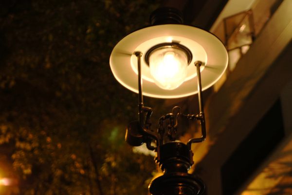 One of the gas lamps at night