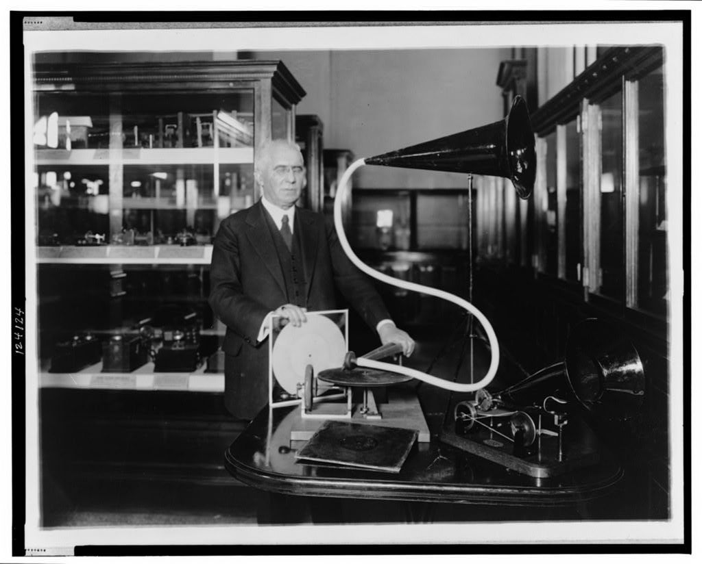 Emile Berliner, sometime between 1910 and 1929, with the first model of his gramophone.