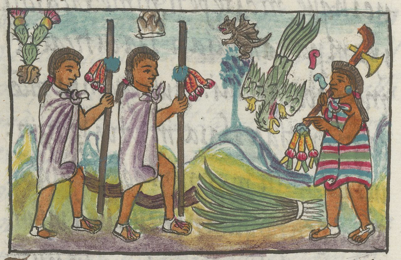 The Florentine Codex includes 12 books covering a wide variety of topics, from daily life to ceremonies, and from war to plants and animals. Book 9 describes the merchants and artisans of the time, such as these disguised Mexica merchants in Tzinacantlan, acquiring quetzal feathers. 