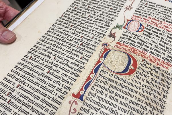 A page from a mid-15th century Gutenberg Bible. Gutenberg's famous 42-line bible is known as the earliest book printed using mass-produced moveable metal type in Europe. 