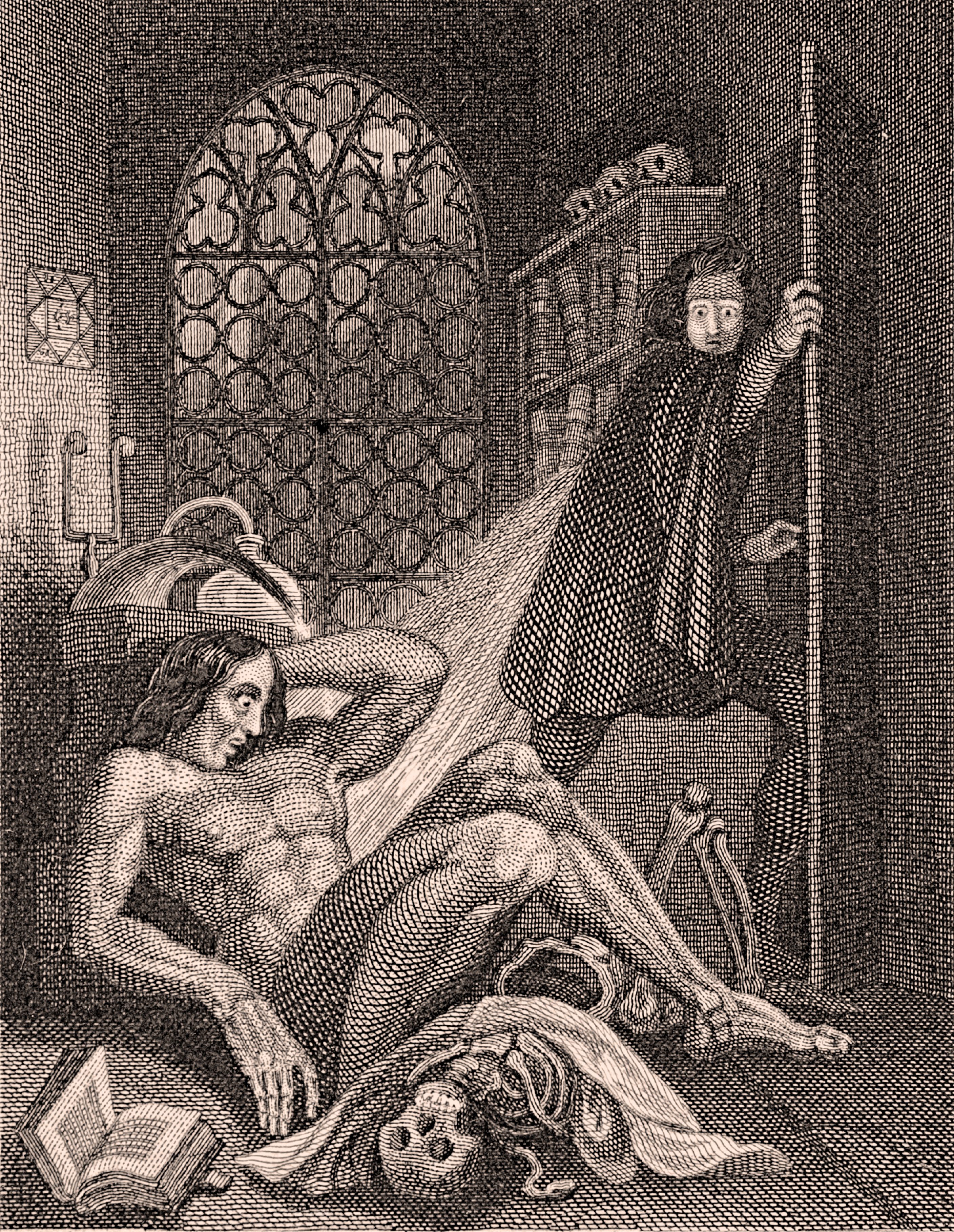 A steel engraving of Mary Shelley's 1831 edition of <em>Frankenstein</em>.