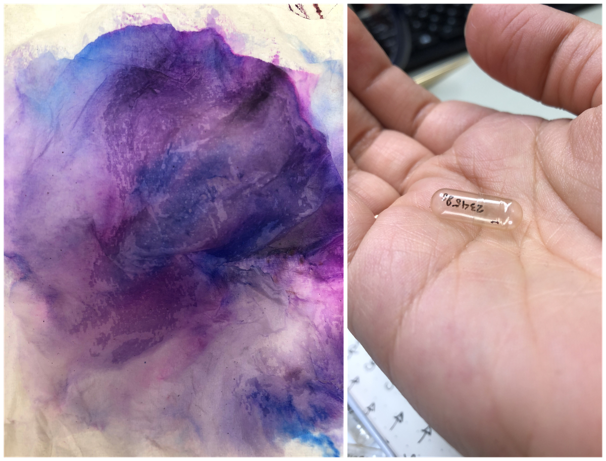 The colorful solution that helps Briones find the bones looks almost like tie-dye (left); a tiny bone in a tiny capsule (right).