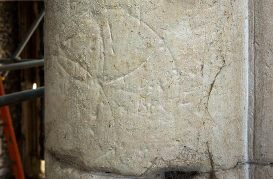 A daisy wheel—six-petal flower found in the remains of the Priory Church, Latton Priory, Harlow, Essex.