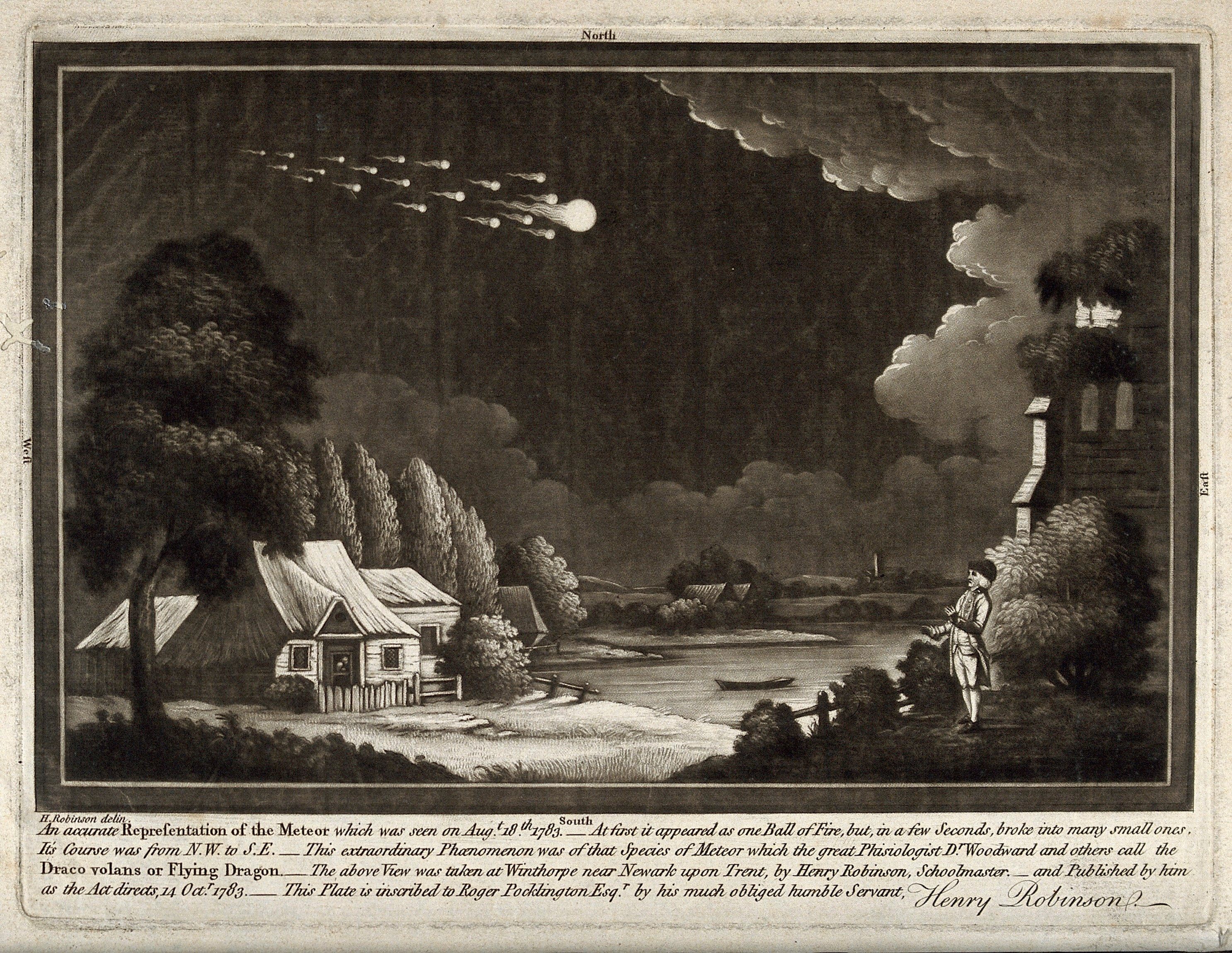 A depiction of the "Great Meteor" that flashed in the sky above the British Isles in 1783. 