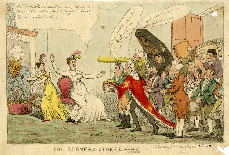 A cartoon based on the Berners Street Hoax. One of the confused victims promises to find perpetrator "by HOOK or by crook."