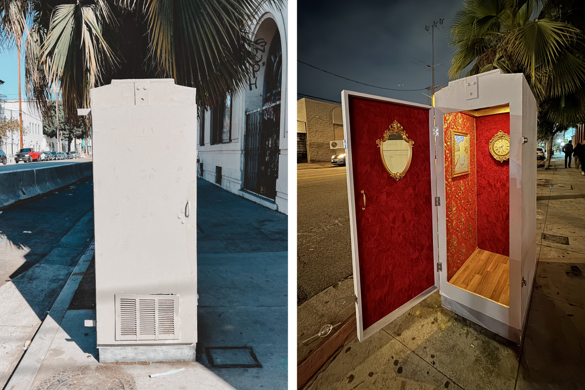 Faux utility box by day. Tiny theater by night.