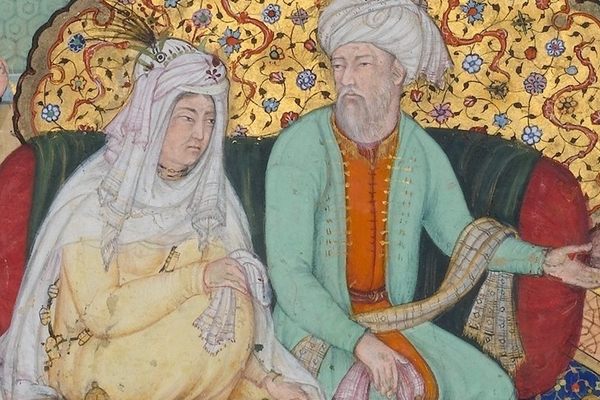 Grand Empress Börte (left) and Genghis Khan, more accurately called Chinggis Khan, from a 16th-century book commissioned by Mughal emperor Akbar the Great, who claimed descent from the khan.