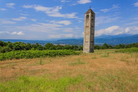 The solitary stone bell tower of Saint Martin.