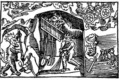 Olaus Magnus's 1555 "A Description of the Northern Peoples" includes an early depiction of a  farmhouse spirit. He stands in the center, sweeping the barn. 