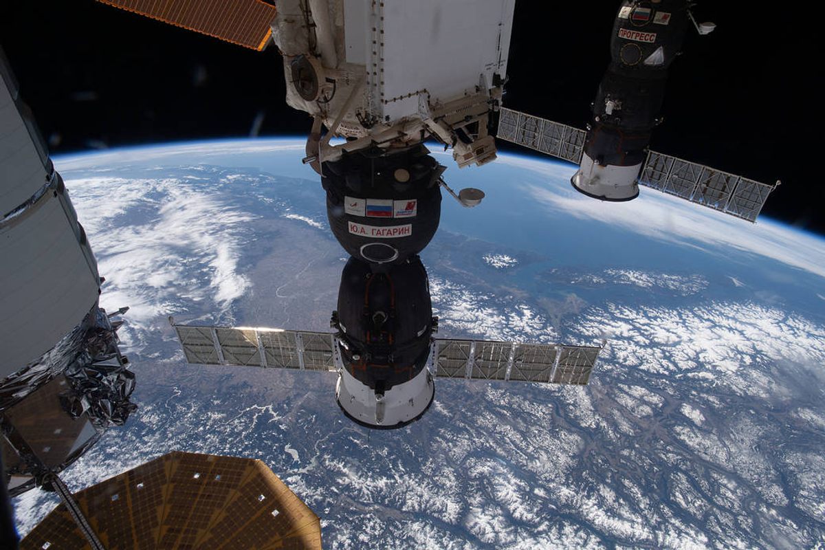 A recent photo of the space station and the Soyuz MS-18 crew ship.