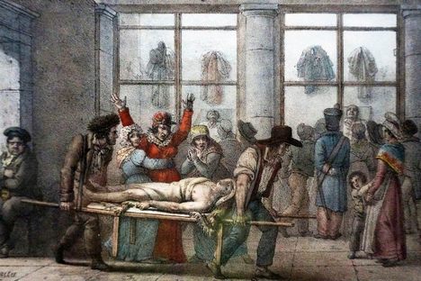 A corpse is carried out through the morgue, c. 1840s. 