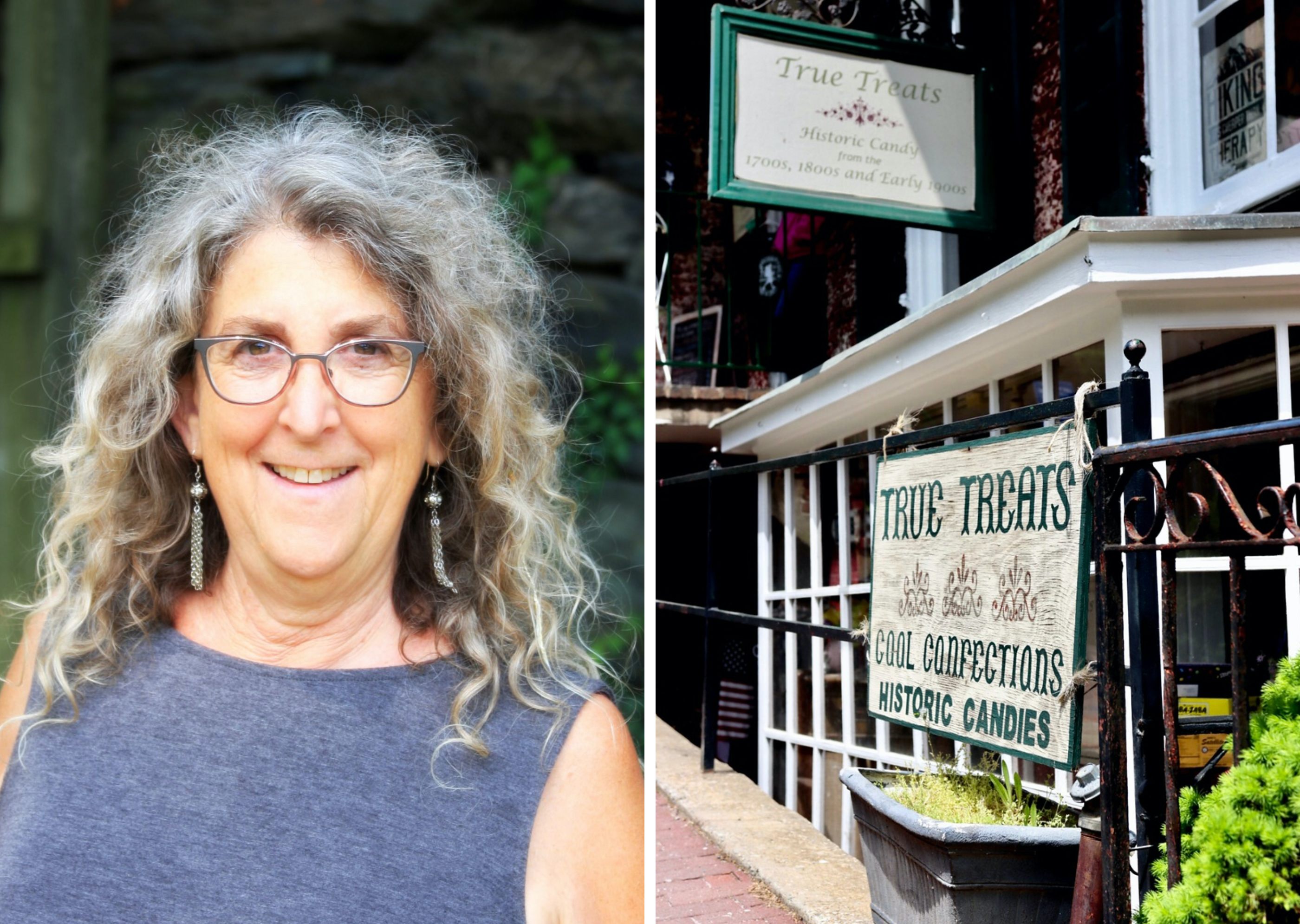 Left: Susan Benjamin, owner of True Treats in Harpers Ferry, West Virginia. Right: True Treats, her historic candy store.