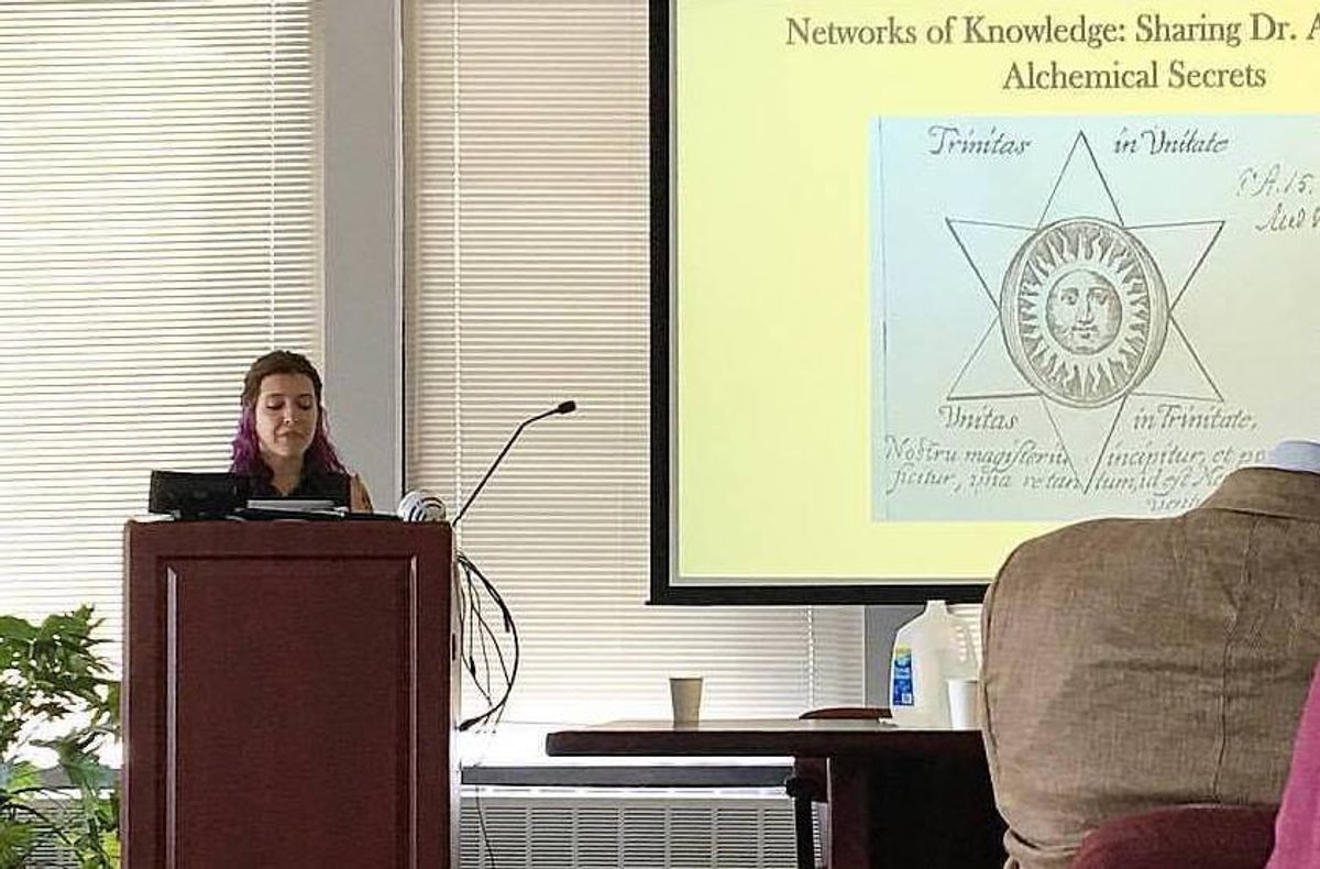 Megan Piorko showed images from the notebook containing the cipher in a public lecture about Arthur Dee and secrecy.