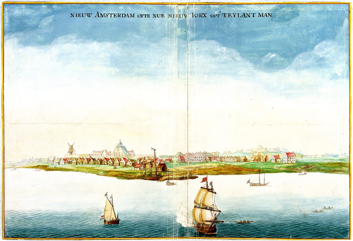 Johannes Vingboons painted this watercolor of New Amsterdam at the moment it became New York, captioning his work, “New Amsterdam or now New York on the Island Man[hattan].”