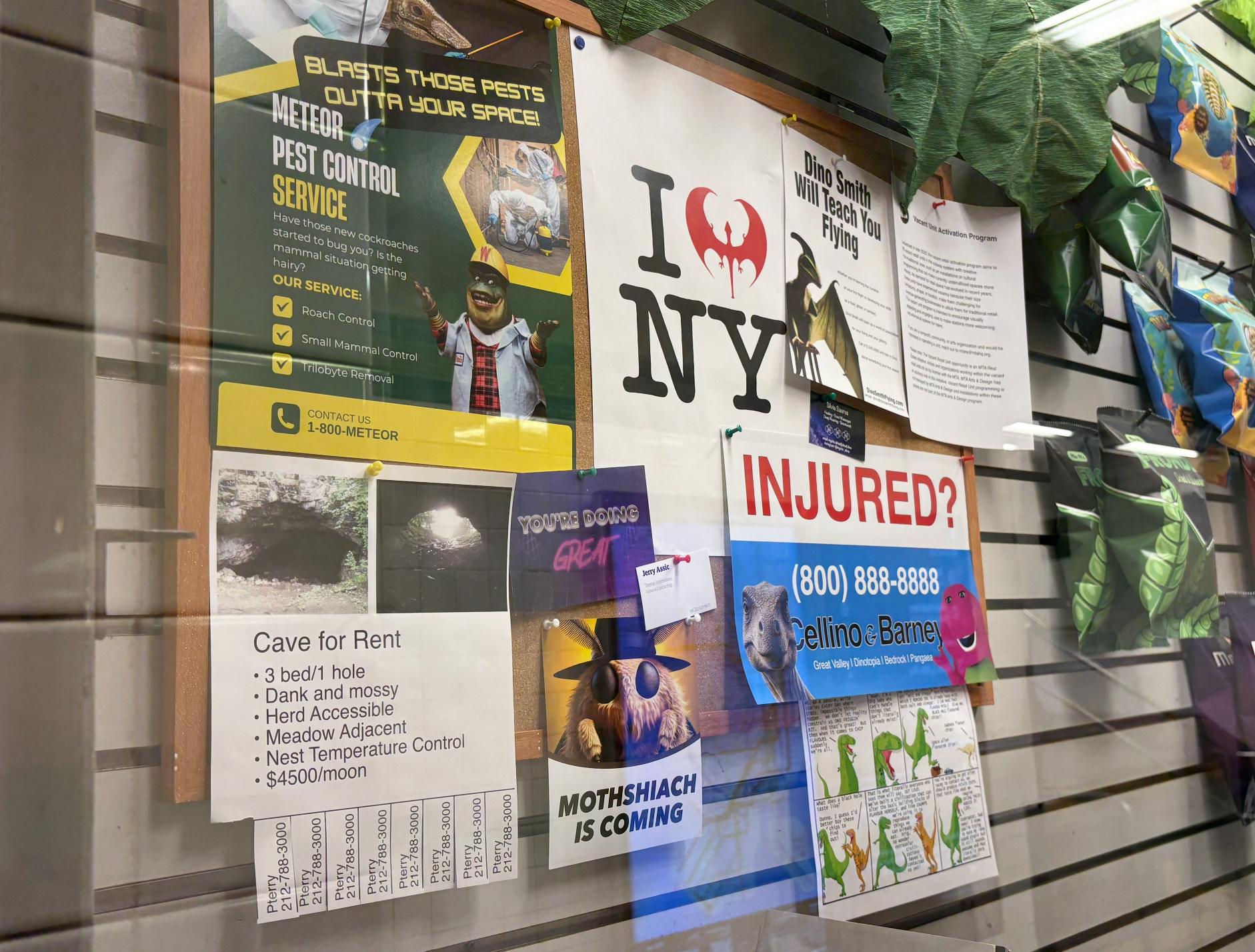 The community board at Rex's Dino Store advertises all kinds of NYC-specific dino services.