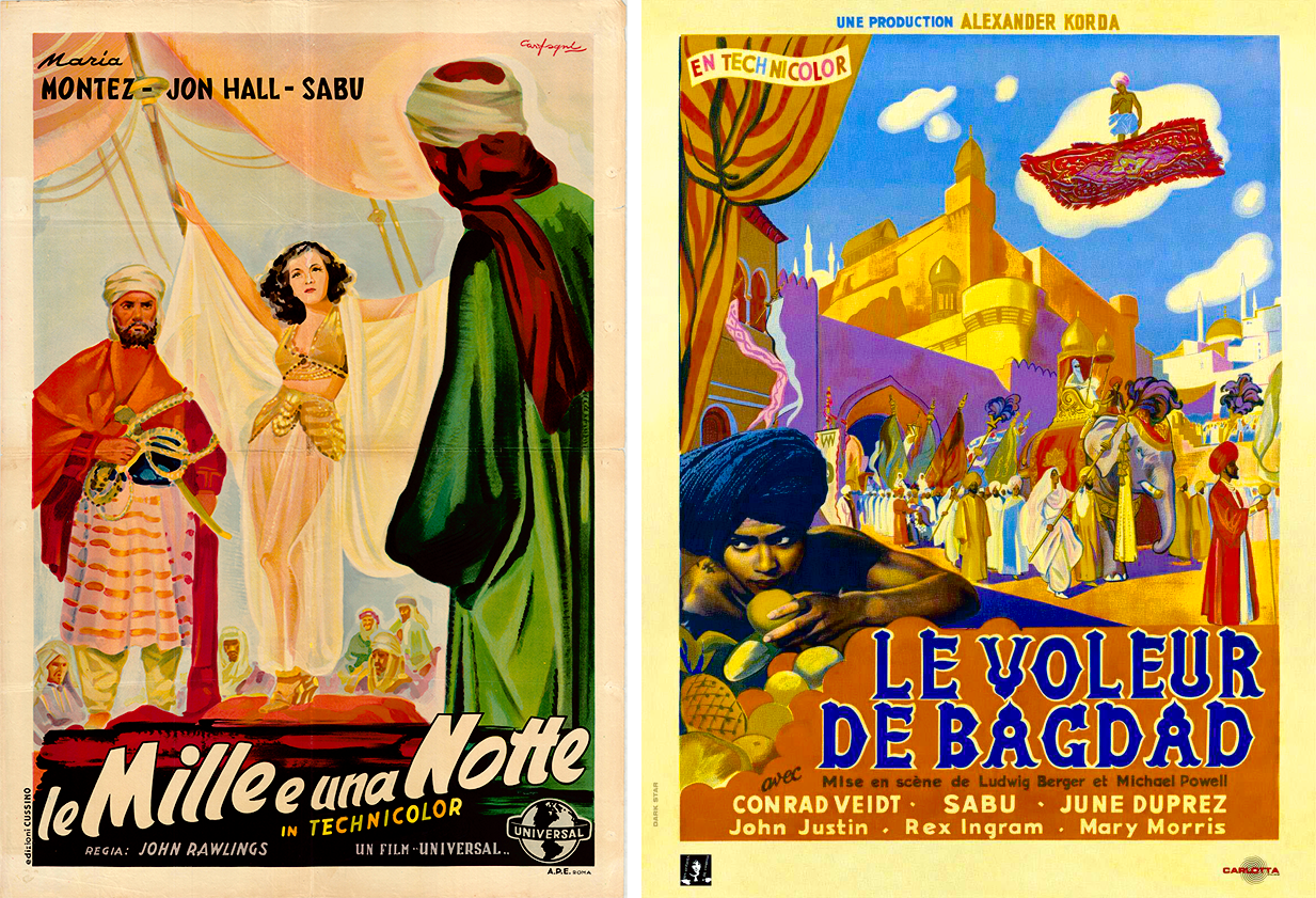 An Italian poster for <em>Arabian Nights</em> (1942) and a French poster for <em>The Thief of Baghdad</em> (1940).