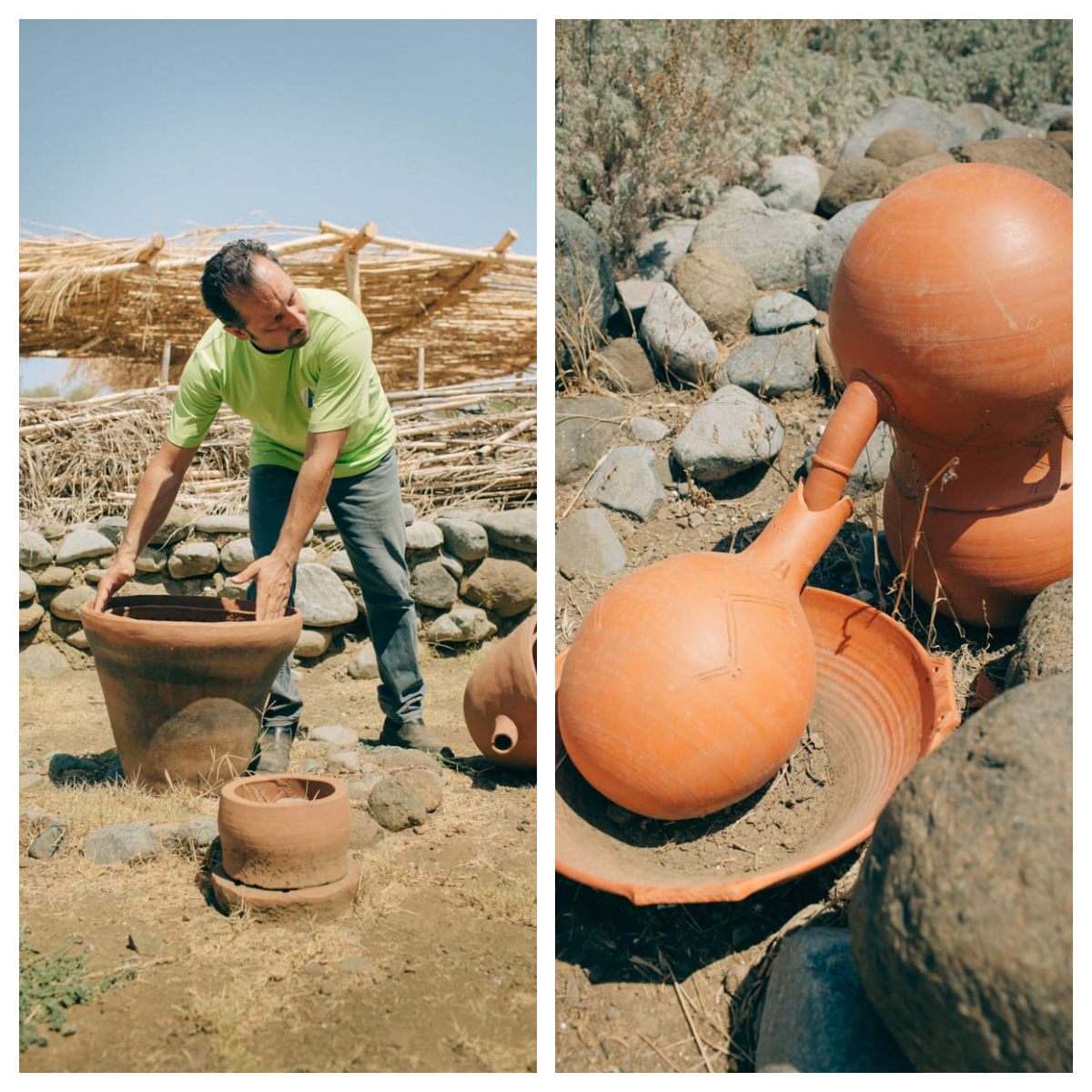 Phylaktis Lazarou [left], the founder and director of the Cyprus Perfumery Theme Park, tests out a variety of alembics [right] and other apparatuses used for making perfume of the past.