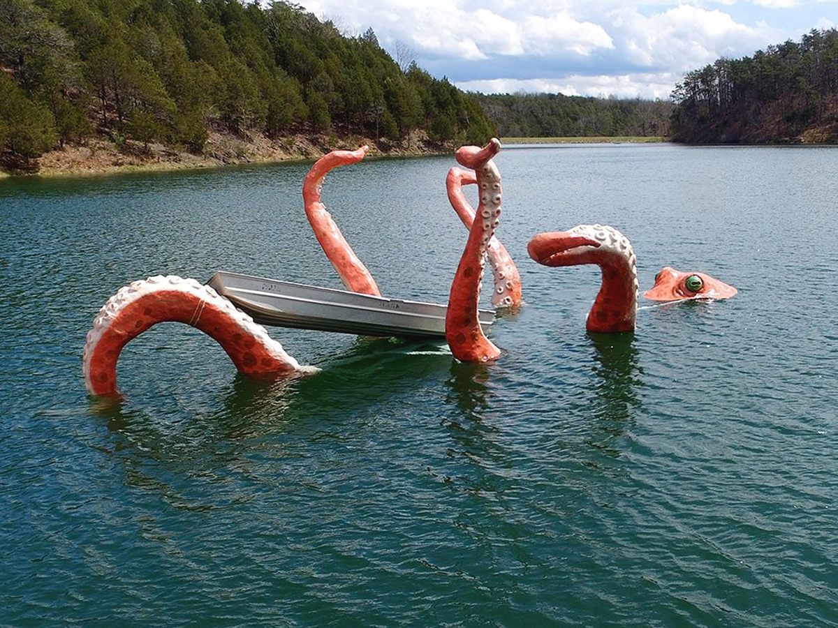 A monster in Lake Robertson in Rockbridge County, Virginia, eating a fishing boat, was artist Mark Cline's prank in April 2016.