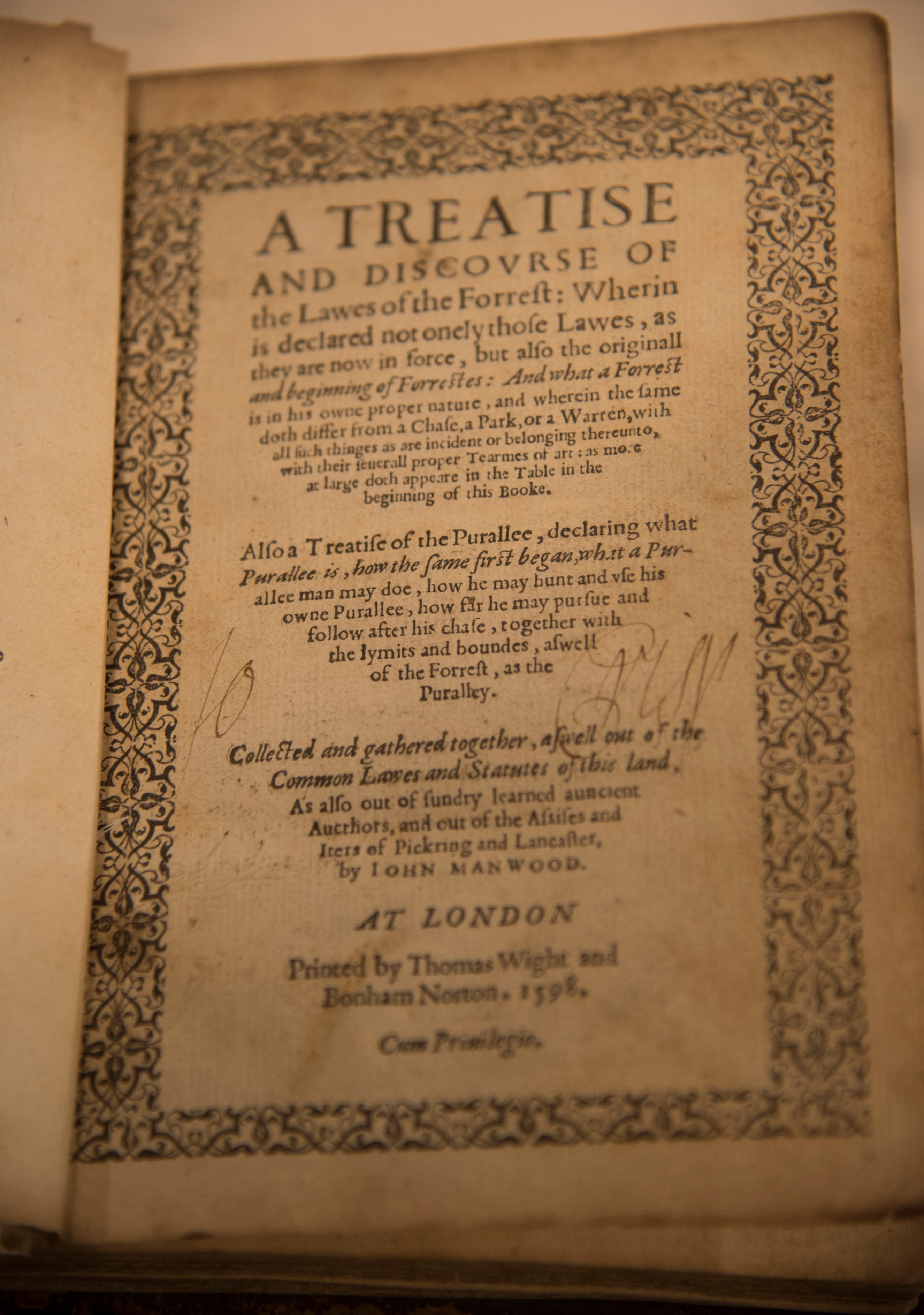 The 1598 edition of John Manwood's <em>Lawes of the Forrest</em>, from the Kennel Club library.