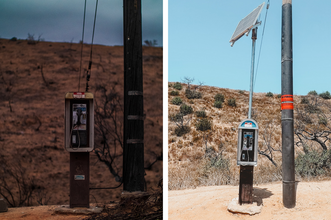 Left: the phone after the fire. Right: proof that even a payphone can make a comeback.