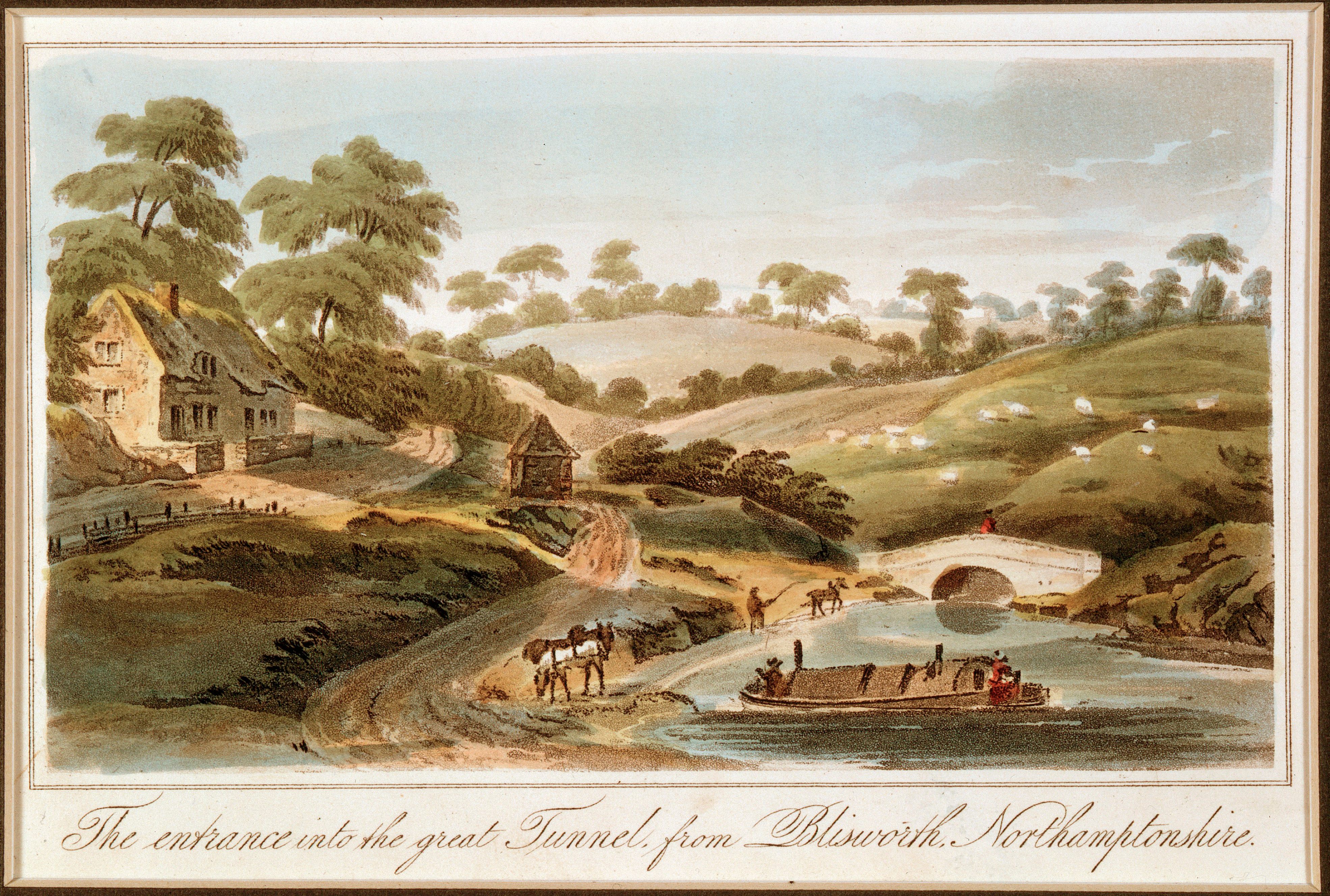 On the right is the entrance to Blisworth Tunnel at Grand Junction Canal, Northamptonshire, 1819.