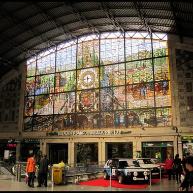 This stained glass window celebrates Basque culture.