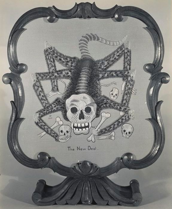 A scorpion demon, embroidered by Eleanor B. Roosevelt in 1940.