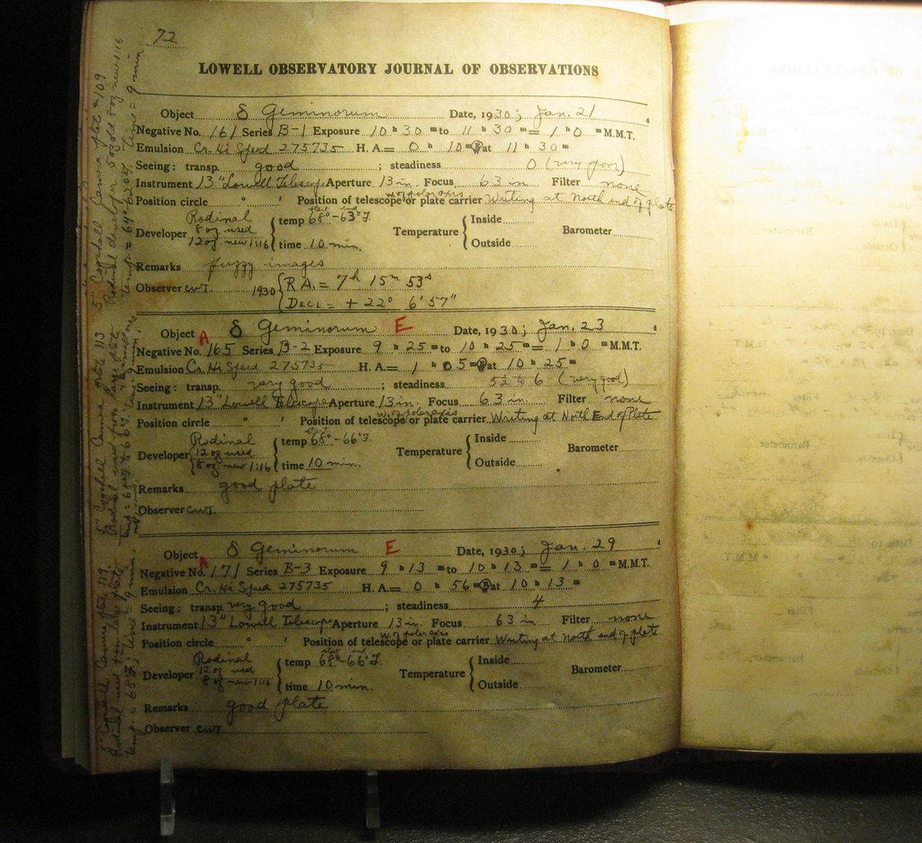 Clyde Tombaugh's notebook, on display at the Lowell Observatory.