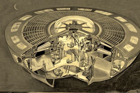 An articulated view of a Discopter in flight, floating through the night sky above the San Francisco Bay.