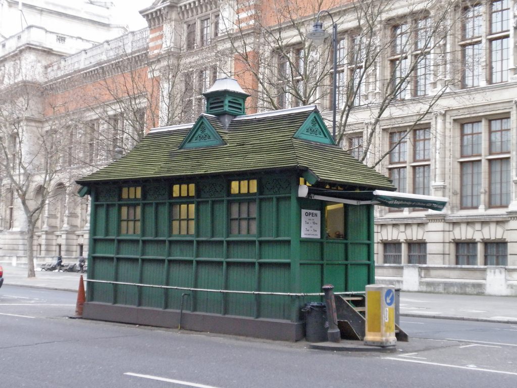 A cabmen's shelter on Thurloe Place, near the Victoria and Albert Museum in Kensington.