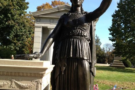 Climb to the highest point in Green-Wood Cemetery and join the Goddess of Wisdom in waving to Lady Liberty.