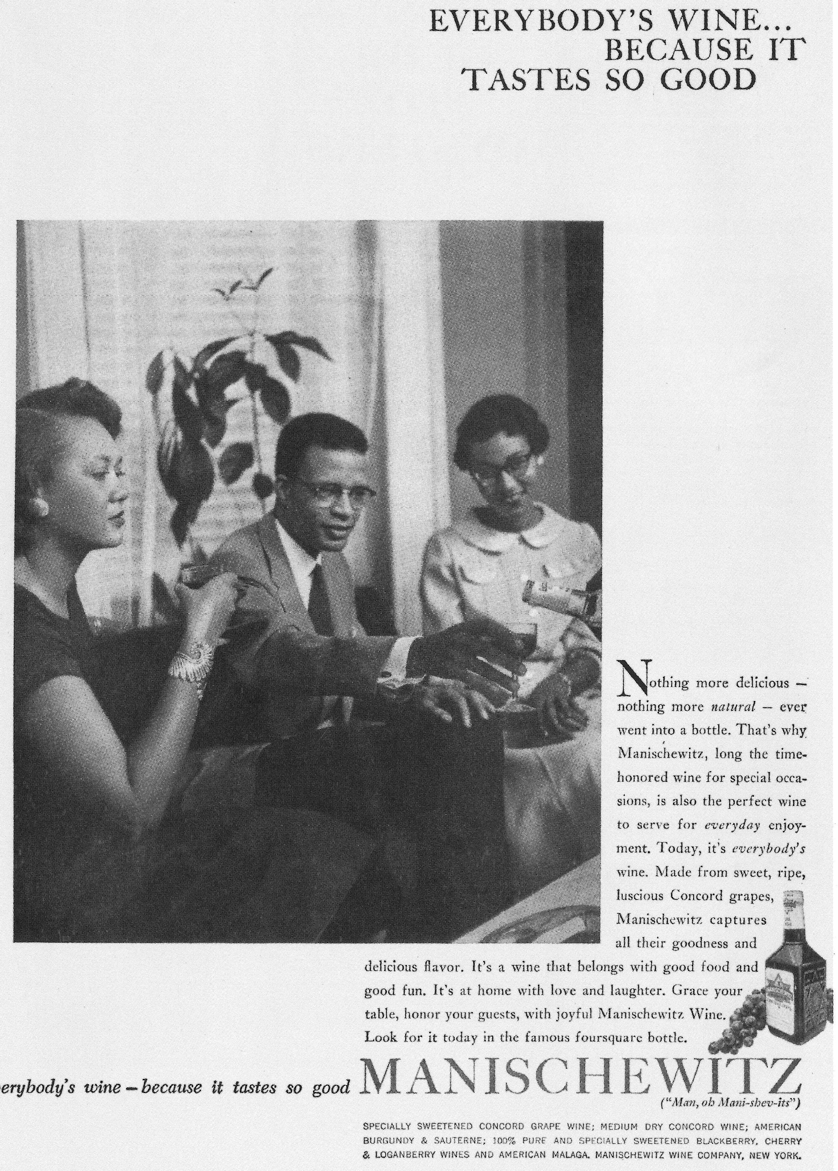 This 1958 advertisement calls Manischewitz "Everybody's Wine."