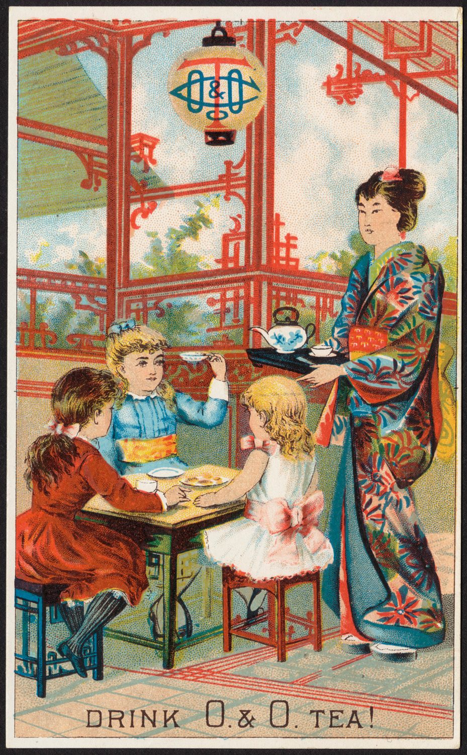 A late 19th century advertisement for tea importer O. & O. ("Occidental and Oriental") depicts a Japanese woman serving tea to white American children.